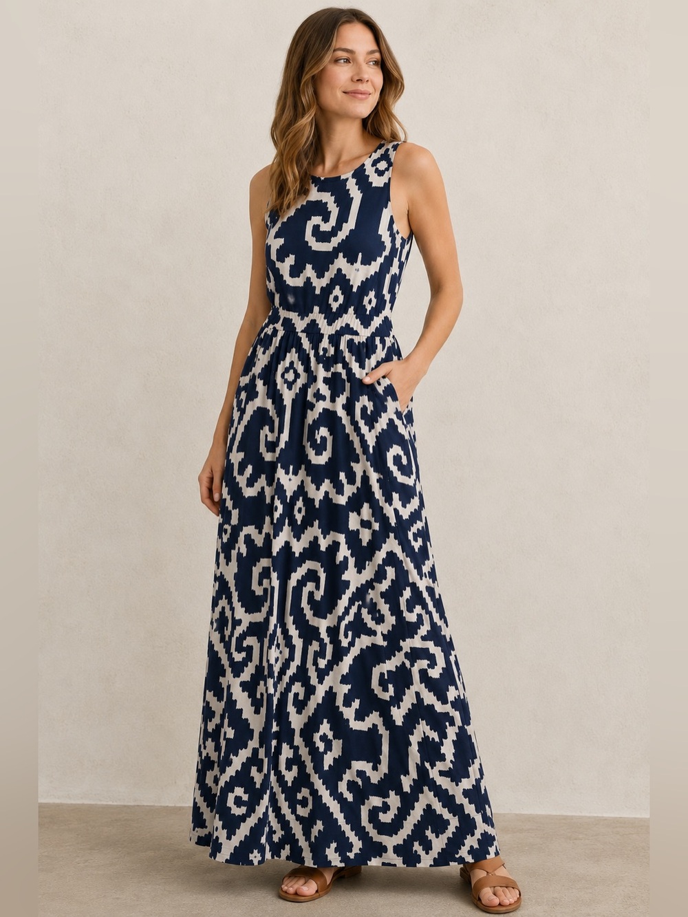 Anthropologie | Ikat Print Maxi Dress - navy + white - size XS